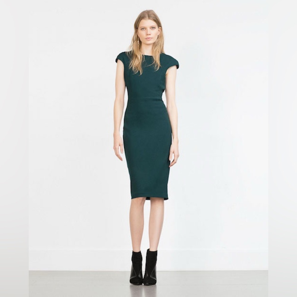 ZARA Emerald Green Fitted Sheath Dress Cap Sleeve